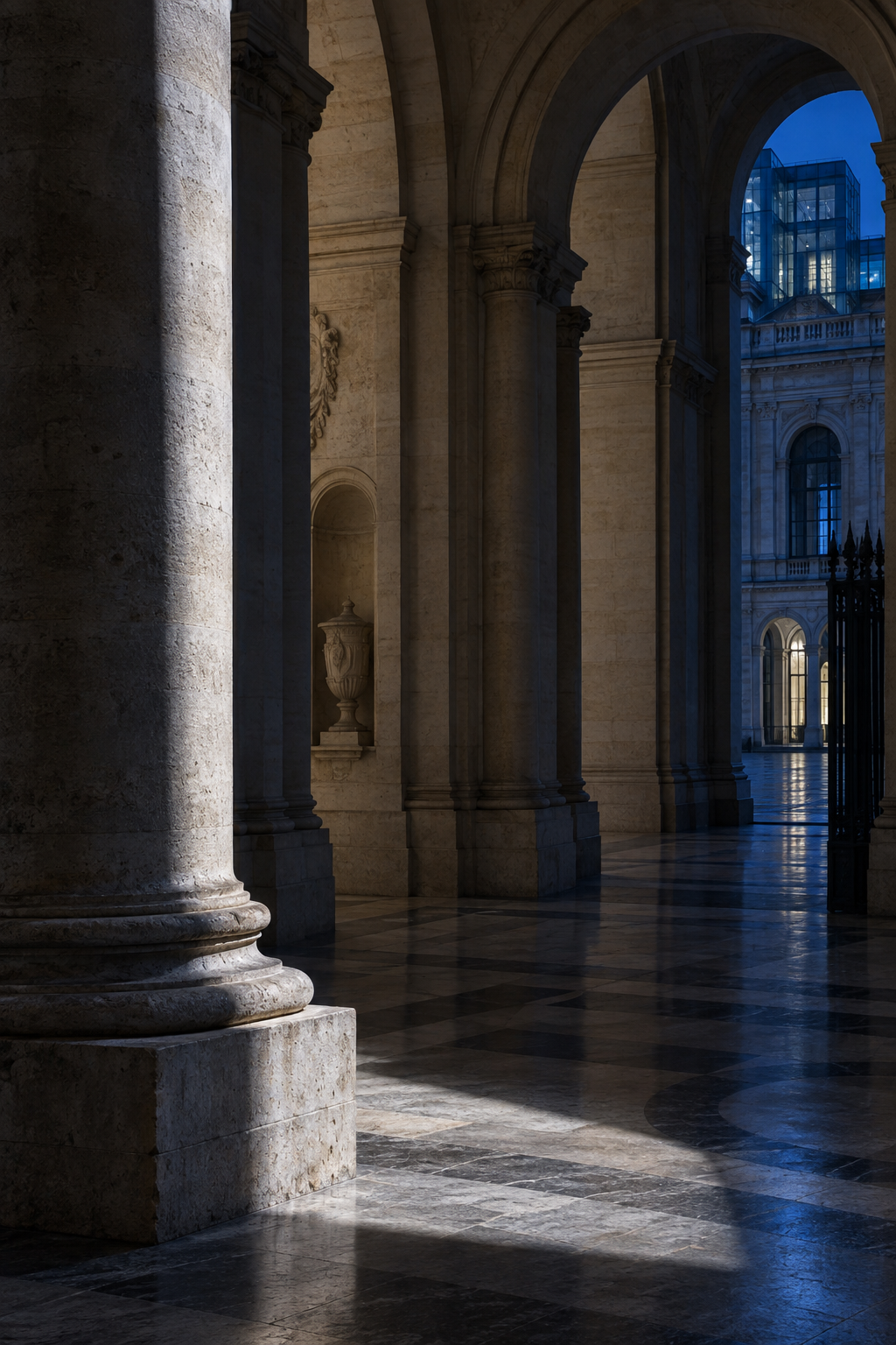 Stone arches illuminated at blue hour